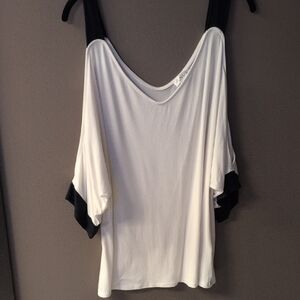 VENUS Elegant White Cold Shoulder Blouse with Black Details NWOT